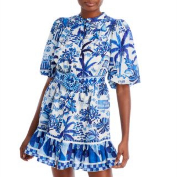 Farm Rio Sweet Rio Mini dress size Small Blue Womens Beaded Belt Puff Sleeve - Picture 1 of 5